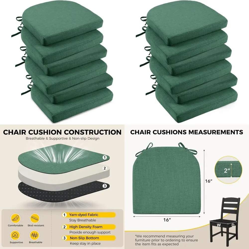 Cuscinetti per sedie da pranzo imbottiti verdi 16x16x2, schiuma morbida con lacci, antiscivolo, confezione da 6