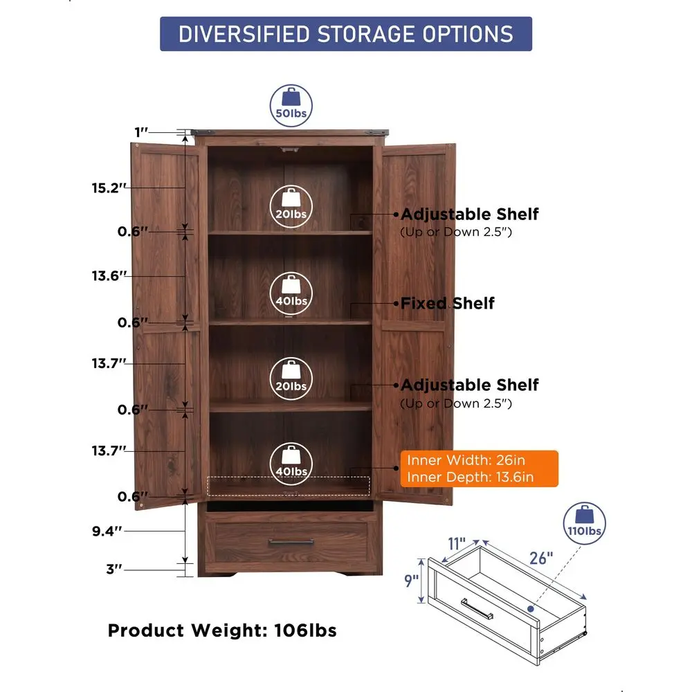 

Farmhouse Kitchen Pantry Cabinet 72 Tall Wood Kitchen Storage Cabinets with Adjustable Shelves amp 2 Barn Doors amp Drawer, Ver
