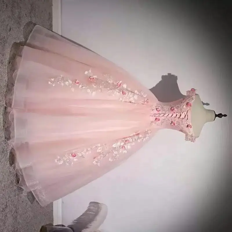 

New wedding dress pink one-shoulder evening dress solo host performance puffy skirt long female studio theme