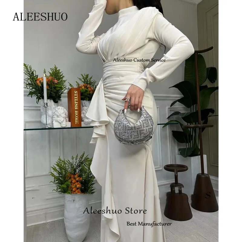 Aleeshuo Saudi Arabia Satin Mermaid Prom Dress 2025 Long Sleeves Tiered Party Dress Strapless Pleat High Neck Vestido Customized