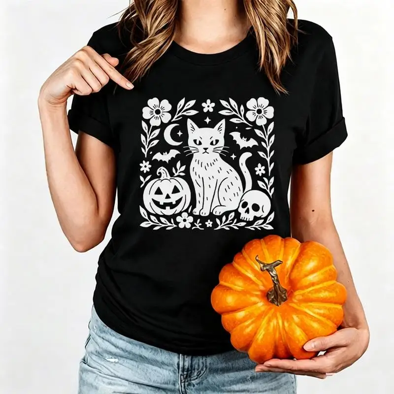Black Cat Halloween Print Women Funny Tee Season Pumpkin Tee Floral Black Cat Spooky Cute Women Casual Daily Halloween Party Tee