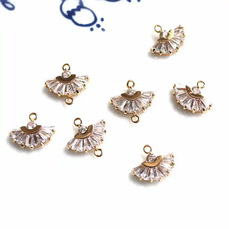 2 pcs/lot Gold Plated Cubic Zirconia Fan Charms Connector Jewelry Making DIY For Women