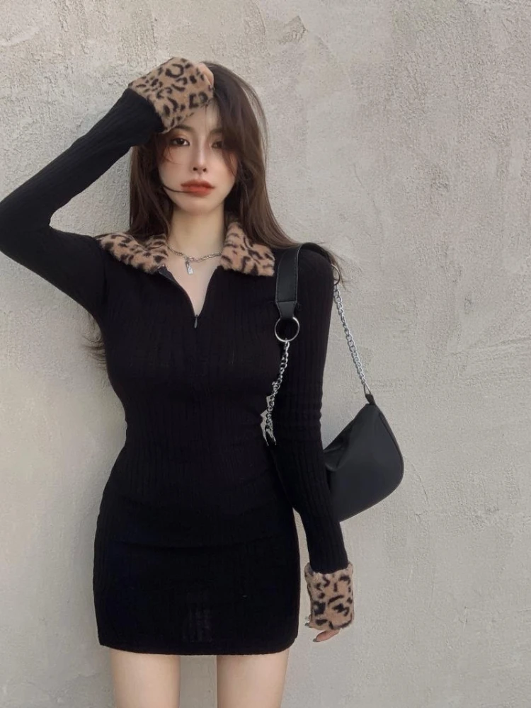 

Леопардовое трикотажное платье с длинными рукавами, женское осенне-зимнее темпераментное мини-платье на молнии с облегающей талией