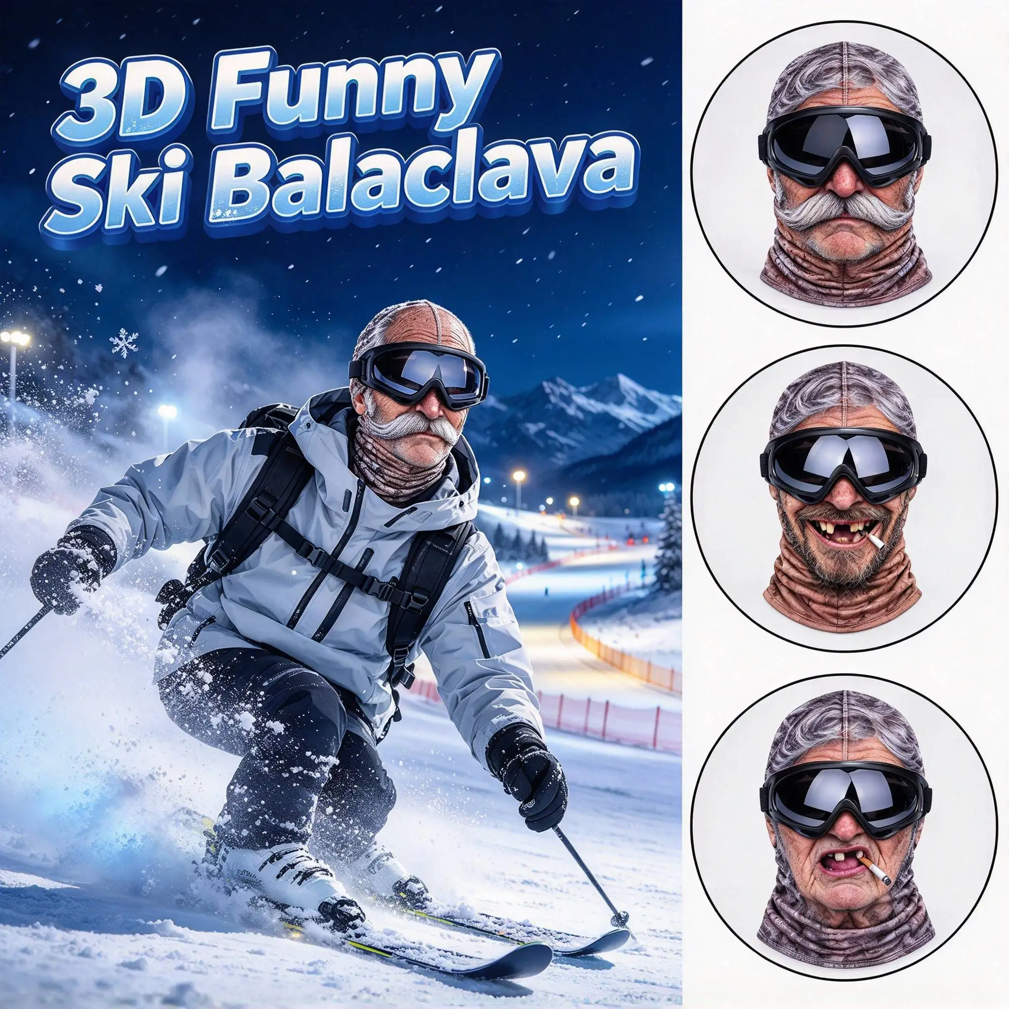 Funny Old Man Ski Balaclava 3D Printed Realistic Mask Full Face Mask for Skiing Snowboarding Outdoor Sports Winter Warm Mask