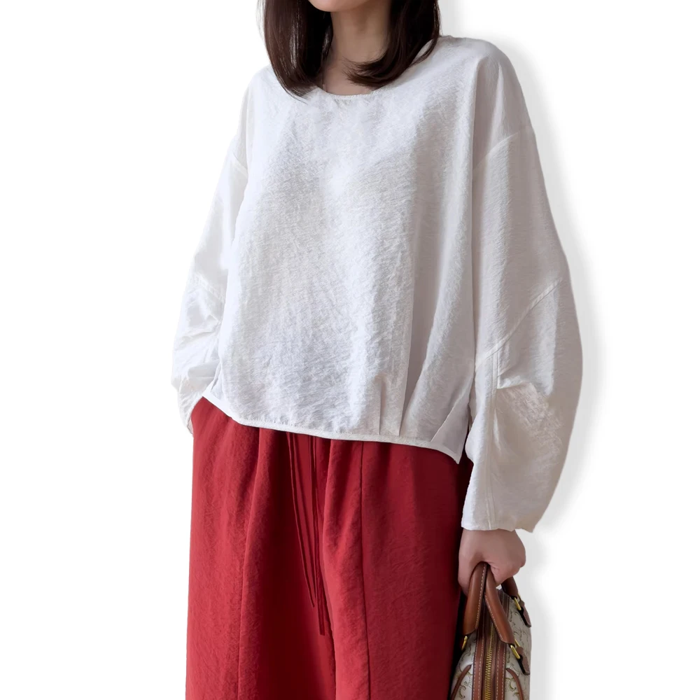 Stereoscopic Cut 76% Natural Mulberry Silk Dried Silk Round Neck Drop Shoulder Long Sleeved Loose Slit Solid Women's T-shirt