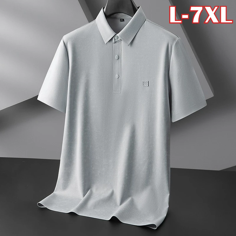 Minglu Ice Silk Seamless Summer Men's Polo Shirts Luxury Short Sleeve Solid Color Turn Down Collar Male T-shirts Plus Size 7XL