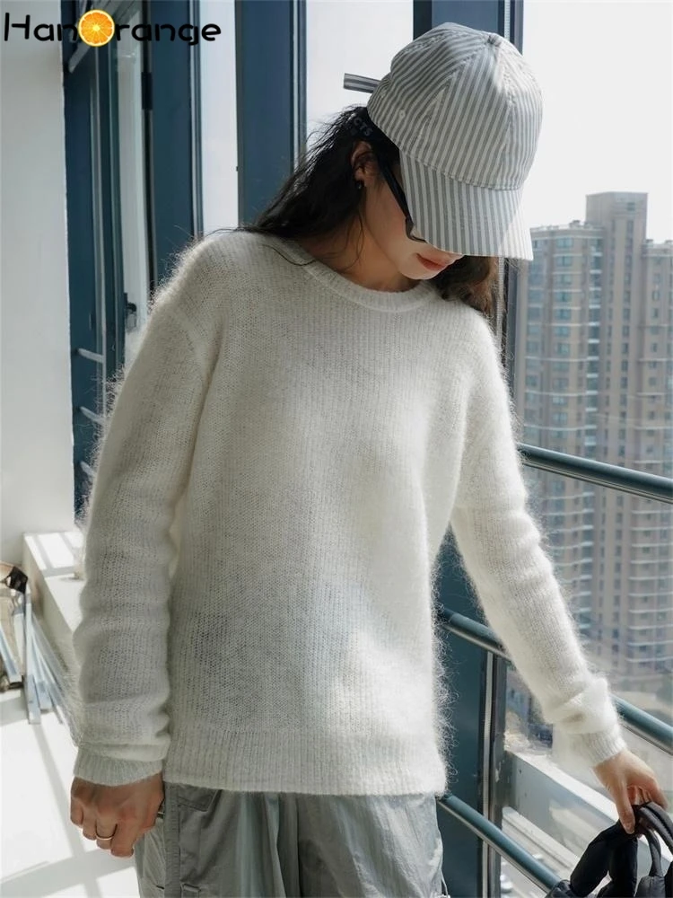 HanOrange 2024 Spring Lazy Misty Feeling Wool Sweater Women Loose Soft Glutinous Micro Perspective Knitted Top Female White/Blue