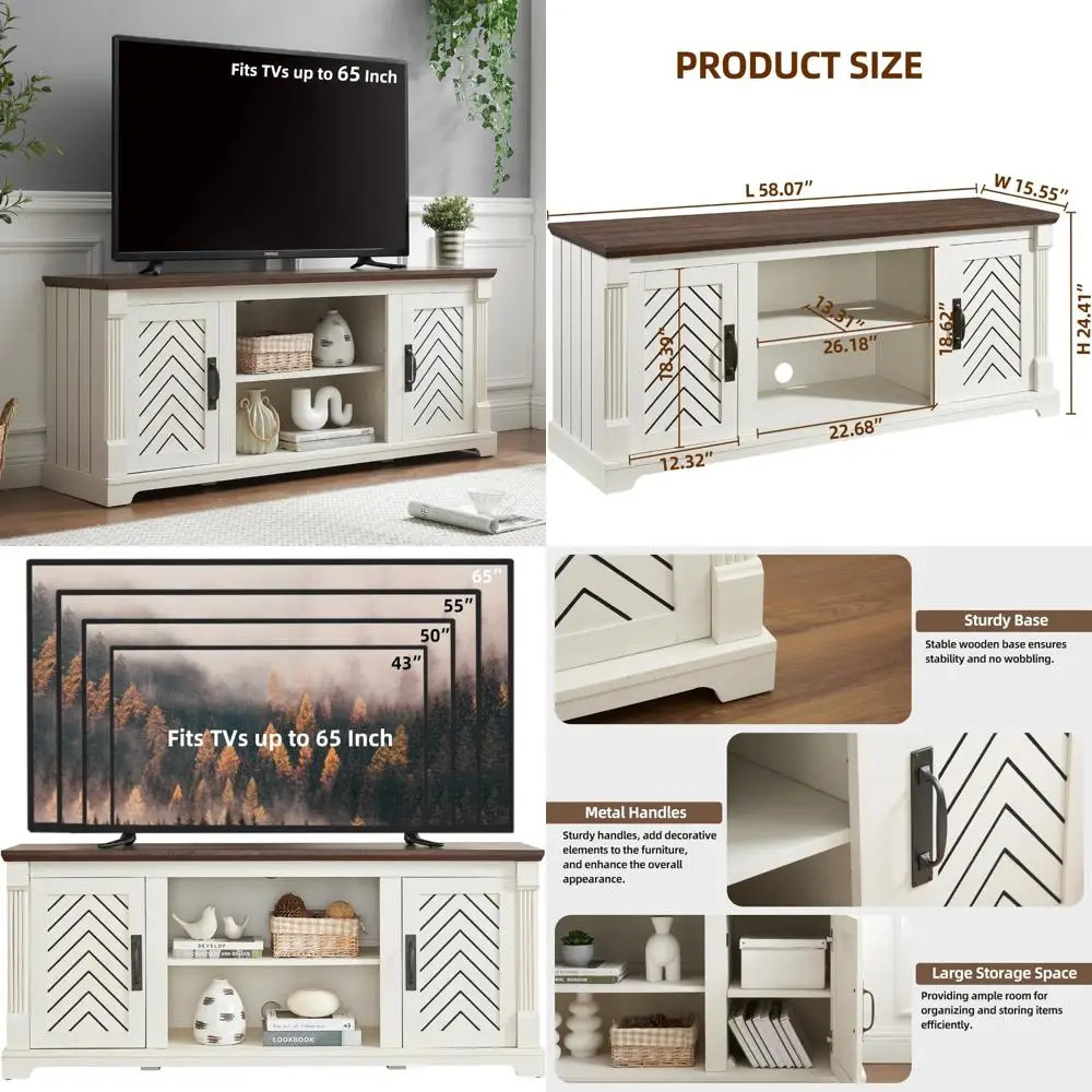 مركز ترفيه لباب الحظيرة الريفي لأجهزة تلفزيون 65+ بوصة، ارتفاع 25 بوصة مع مساحة تخزين قابلة للتعديل