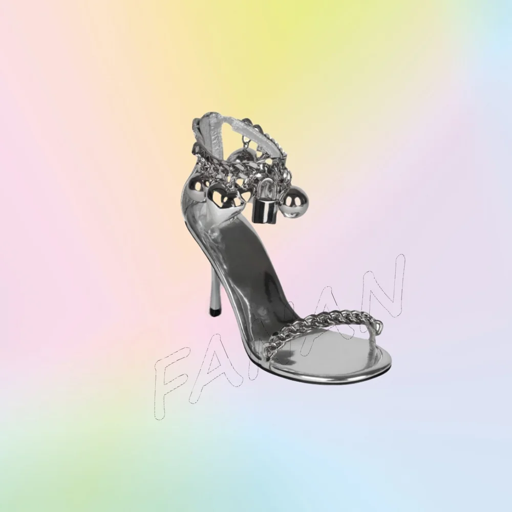 

Silver Chain Decor Sandals Back Zipper Heels Buckle Round Toe Thin Heel High Shoes for Women Wedding Shoes 2025 Zapatillas Mujer