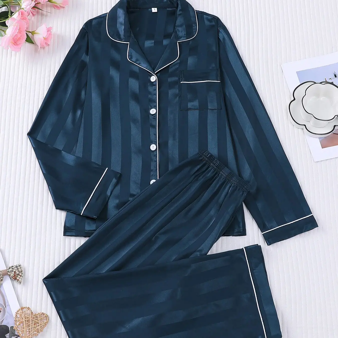 

Navy Blue Striped Satin Pajamas for Women Long Sleeve Button Down Top + Long Pants 2 Piece Set Spring Autumn Silky Homewear