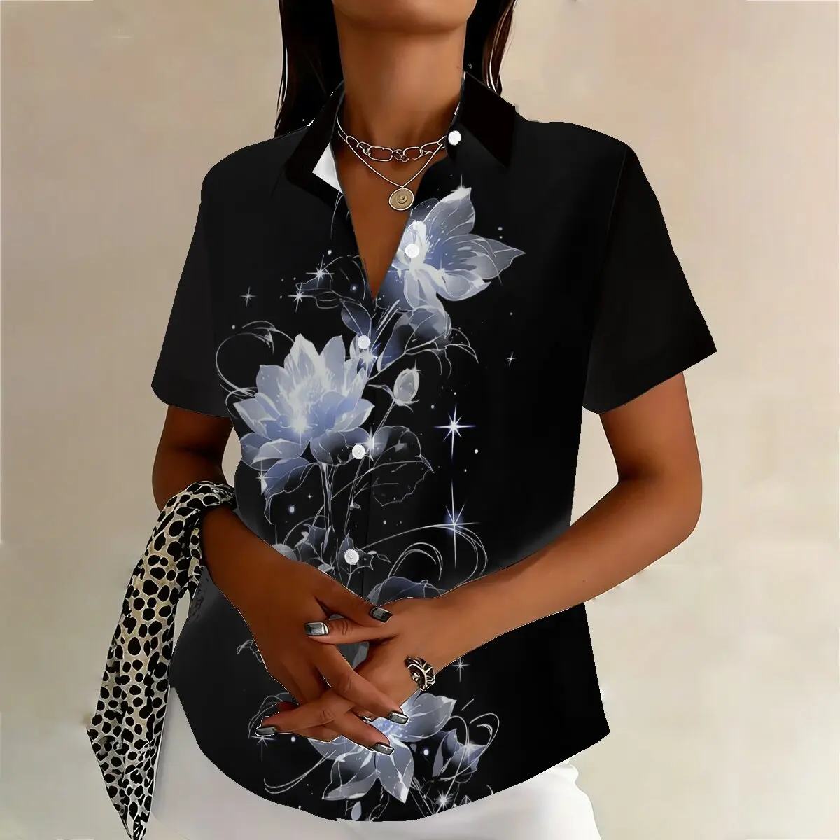 Summer Plus-Size Women's Single-Breasted Shirt, Elegant and Cool Print, Simple, Exquisite, Fashionable, Romantic and Suitable view 2
