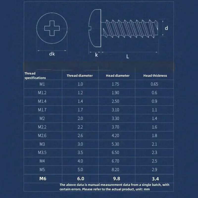 Vis autotaraudeuses Phillips à tête ronde et queue plate, acier inoxydable 120, M1.0, M1.2, M1.4, M1.7, M2, M2.2, Mwarrik, M3, M3.5, figuré, M5, M6, 5 à 304 pièces