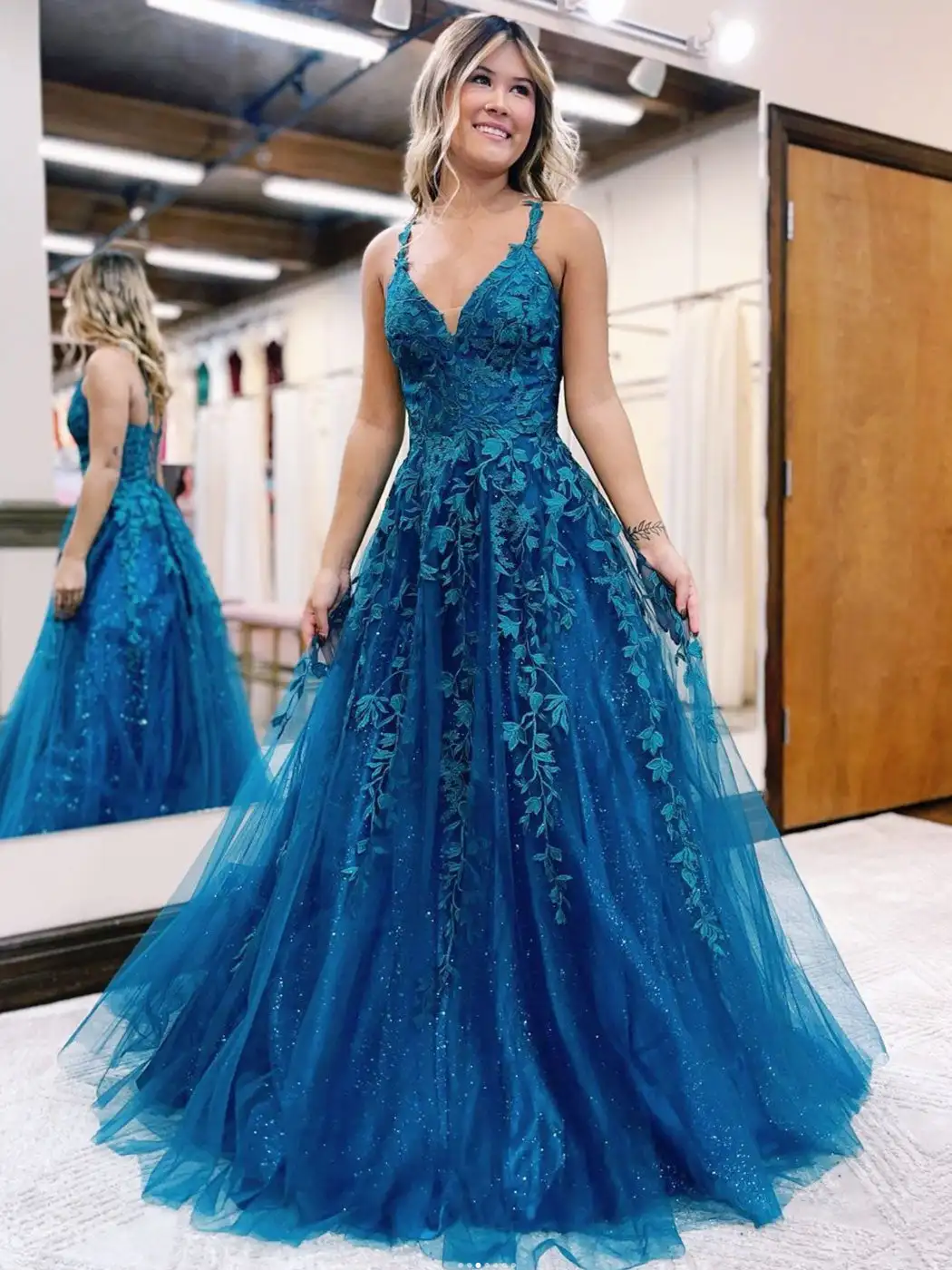 Robe de soirée en tulle avec appliques en dentelle, col en V, bretelles spaghetti, ligne A, corset au dos, paillettes, bleu, fête formelle, Rh, quoi que ce soit, 2024