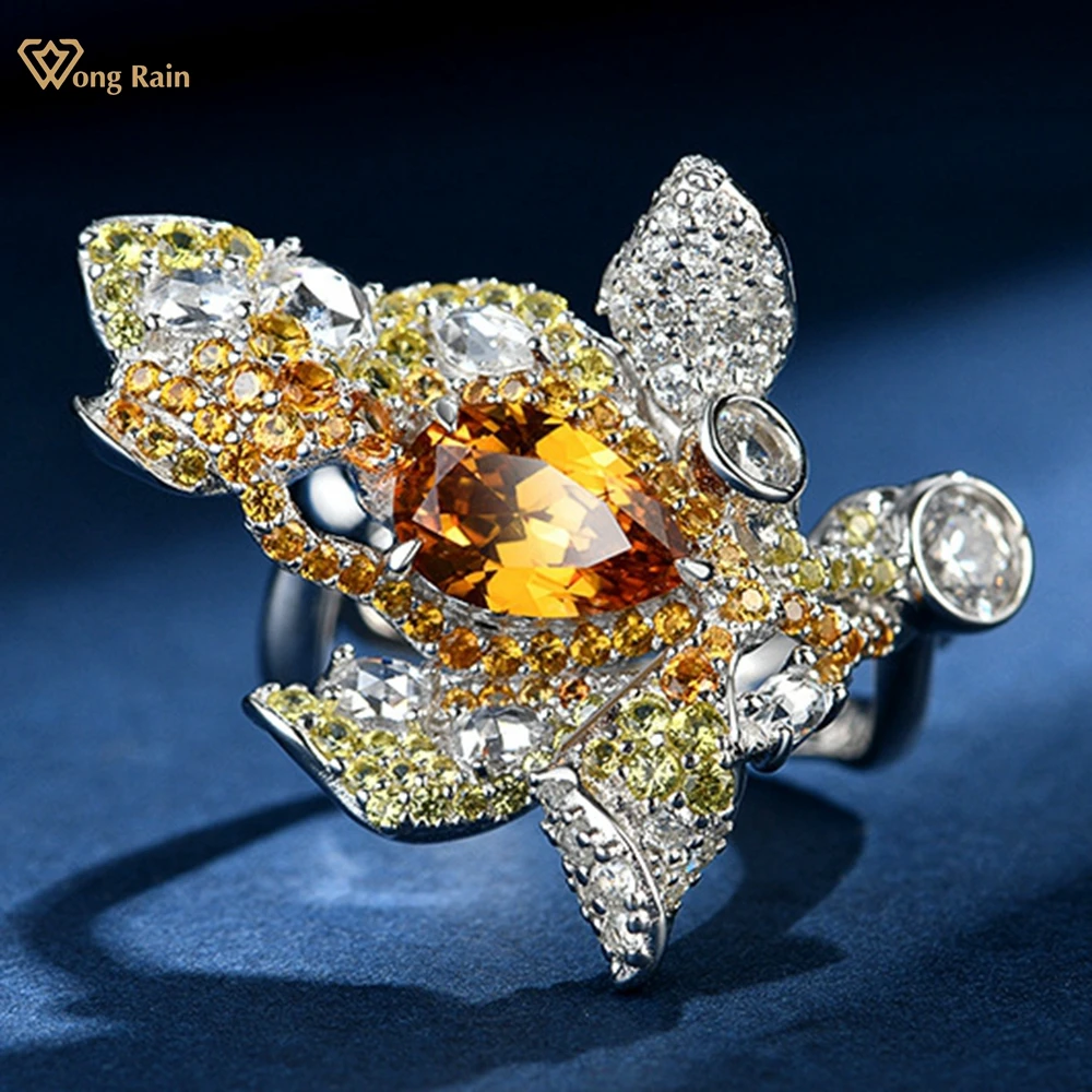 

Wong Rain 925 Sterling Silver Pear Cut 6*9 MM Yellow Sapphire High Carbon Diamond Gemstone Cocktail Ring for Women Fine Jewelry