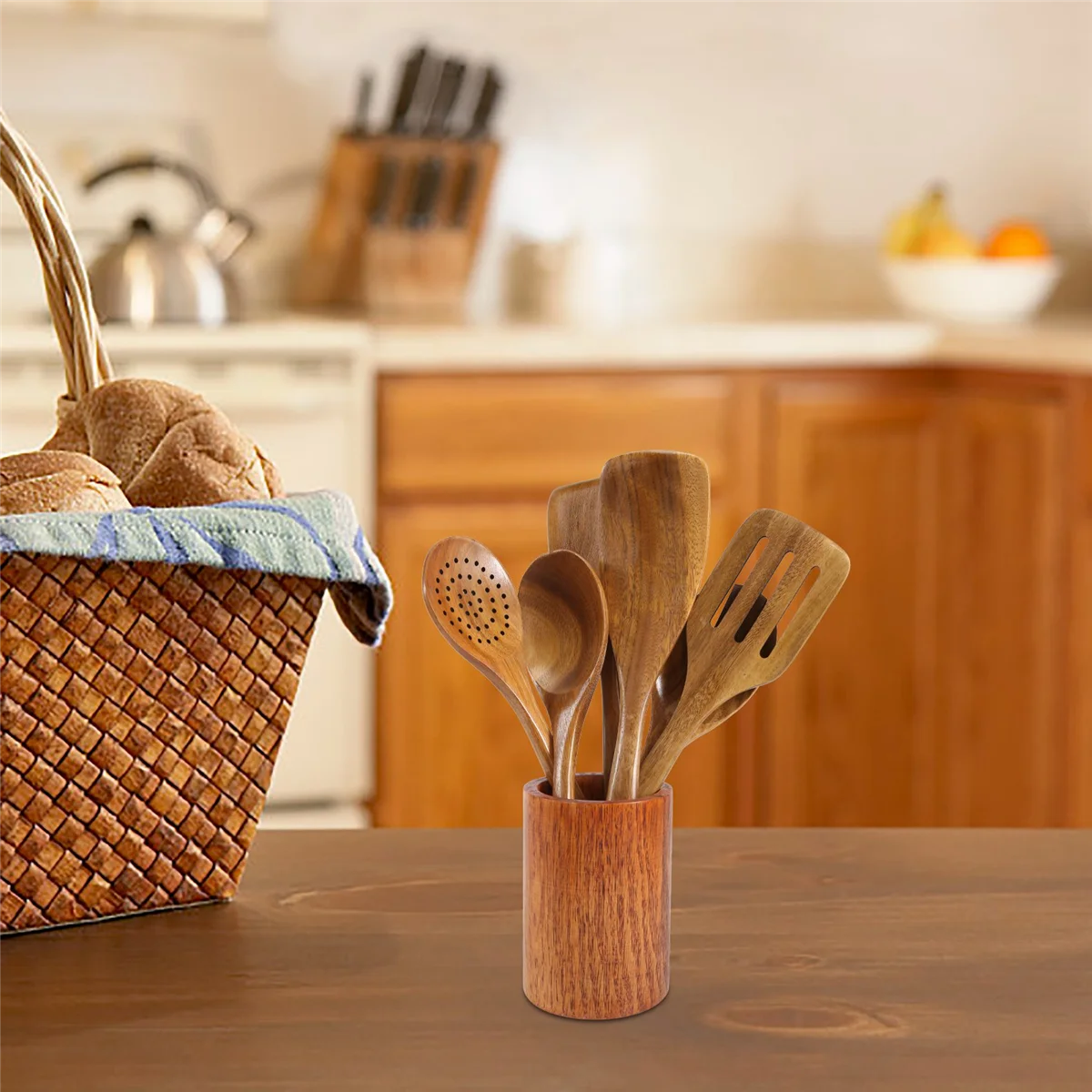 9 cucchiai di legno da cucina, utensili in legno da cucina con portautensili, set di utensili da cucina in legno di teak CALDO