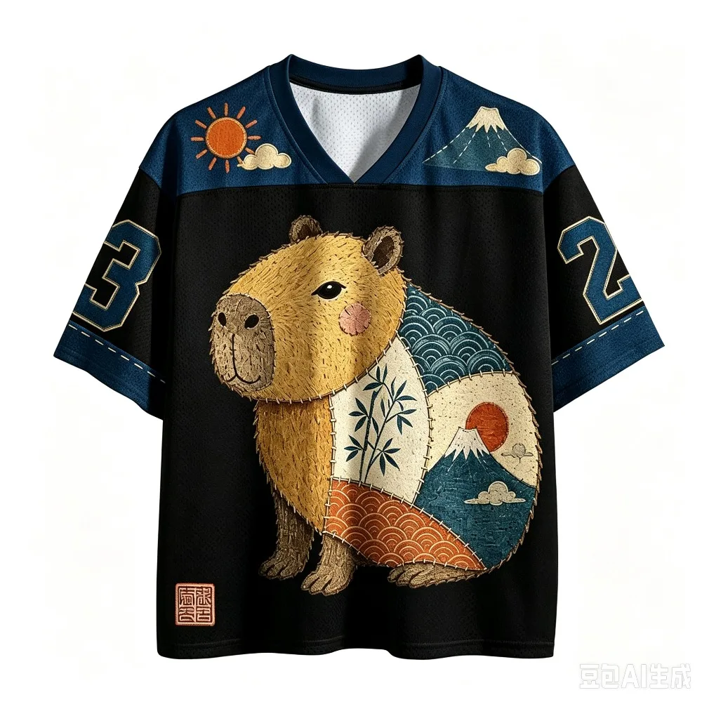 3D Print Capybara Japanese Ukiyo-e Graphic Breathable Jersey T-Shirt Unisex Oversized V-Neck Short Sleeve Couple Streetwear Tops