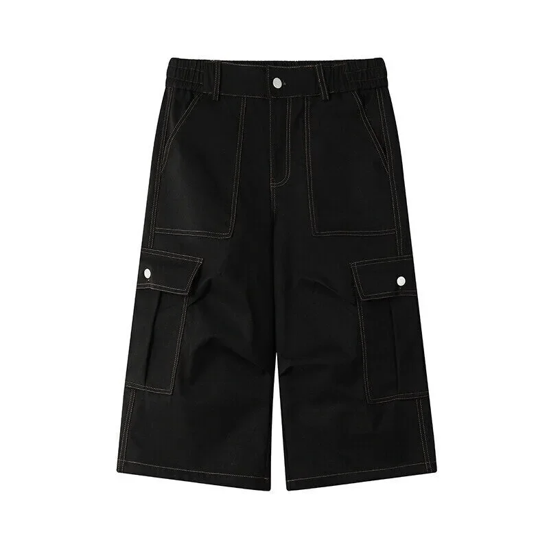Pop Summer Casual Pants Men Retro Pocket Cargo Pants Men Japanese Streetwear Hip-hop Loose Wide Leg Pants Mens Cropped Trousers