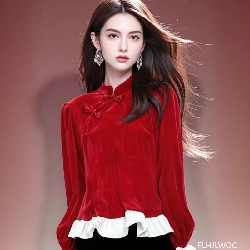 Nieuwjaar Kerstmis Rode Tops Blouses Vrouw Lange mouw Elegante dame Retro Vintage Knop Basics Shirts Opstaande kragen Ruches Top