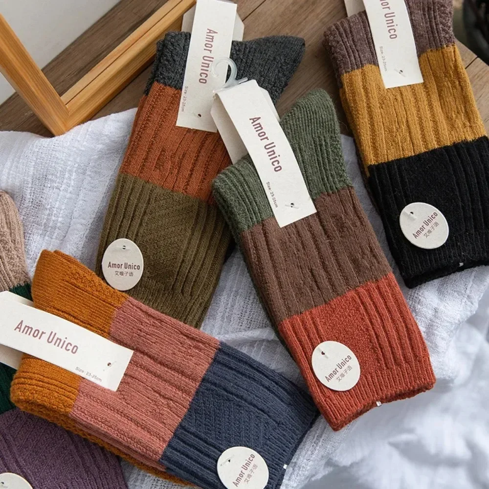 

Women Harajuku Socks Autumn and Winter Thick Needle Color Matching Socks Solid Needles Knitting Striped Cotton Sock Calcetines