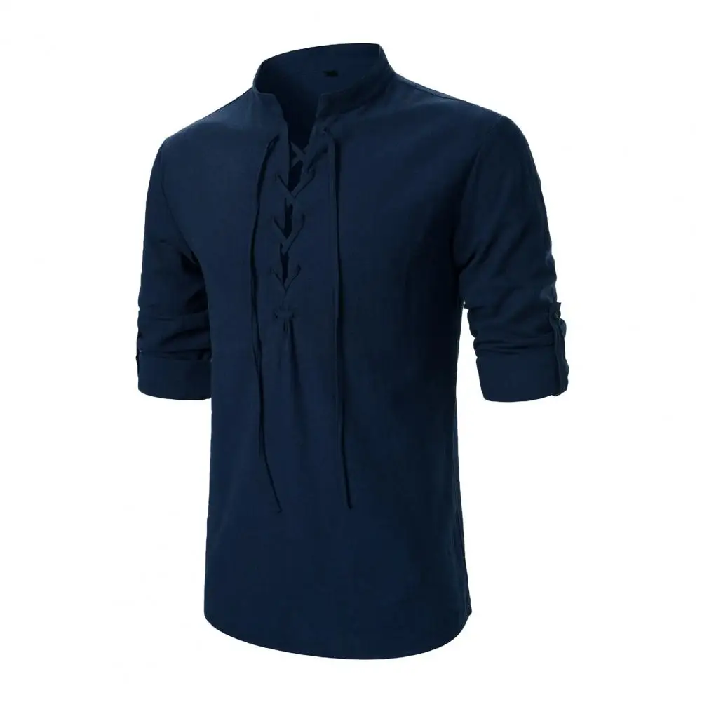 Men Commuting Shirt Medieval-inspired Men's Shirt with Lace-up Stand Collar Cufflink Detailing for Casual or Office Wear