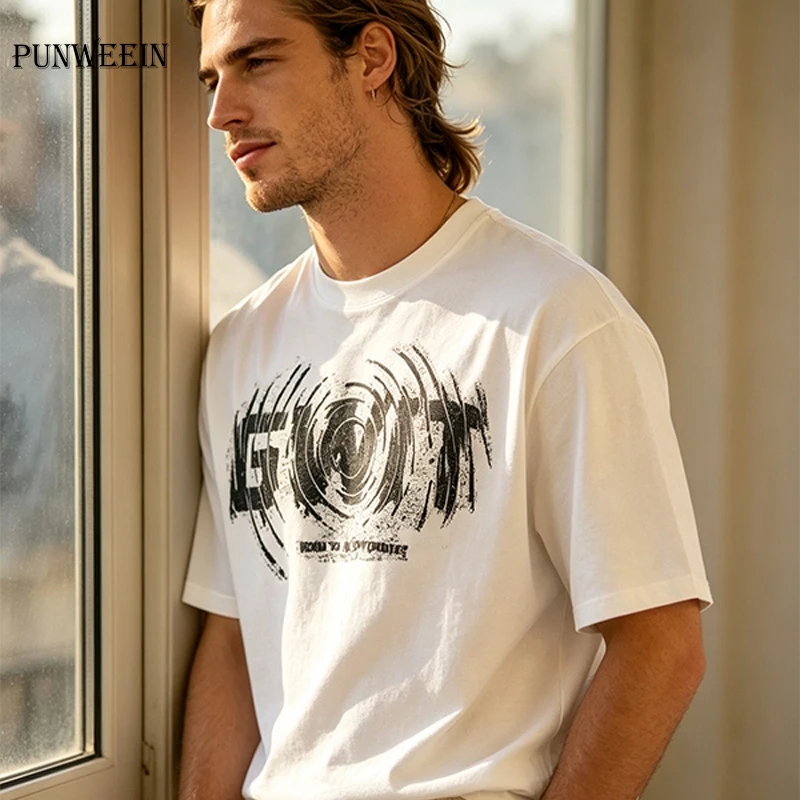 Oversized Distorted Swirl Graphic Tee Y2K Vintage Loose Streetwear Top Casual Hip Hop Punk Style Cotton Pullover Tee Unisex