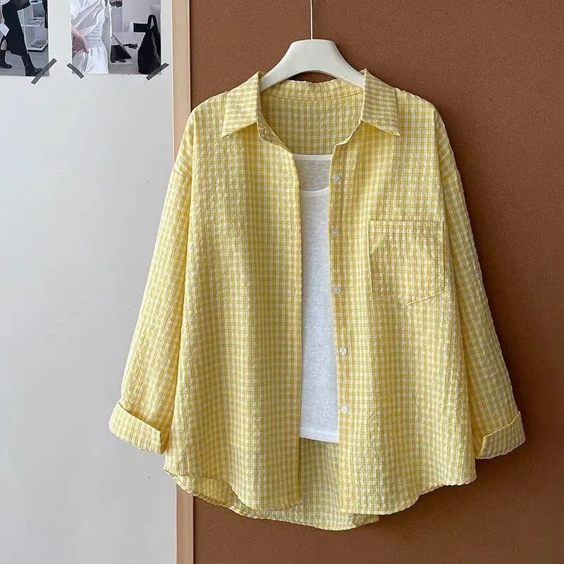 

Women Clothes Spring Summer Plaid Color Blocking Polo Collar Women Shirts Female All-match Fashionable Long Sleeve Slim Top Tee