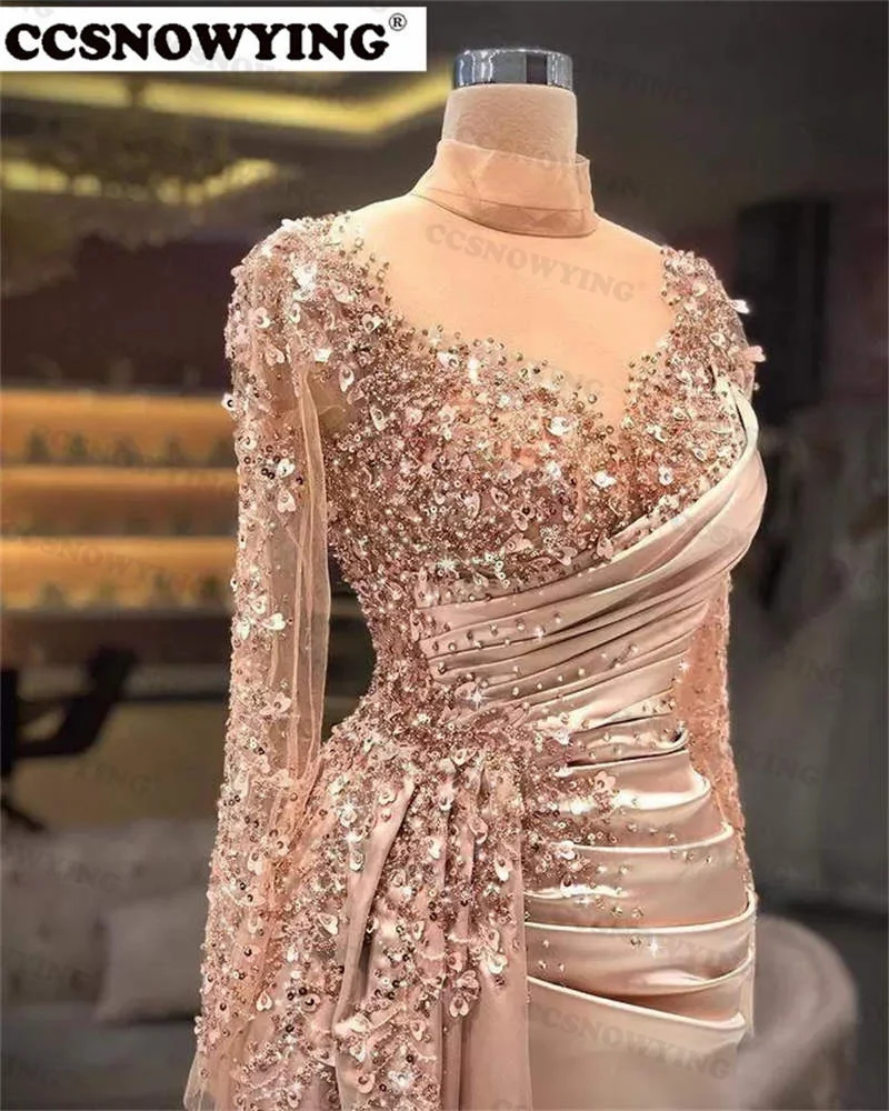 Fashion Satin Appliques Beaed Evening Dresses Beaded Long Sleeve Prom Dress Women Formal Party Gowns Robe De Soiree