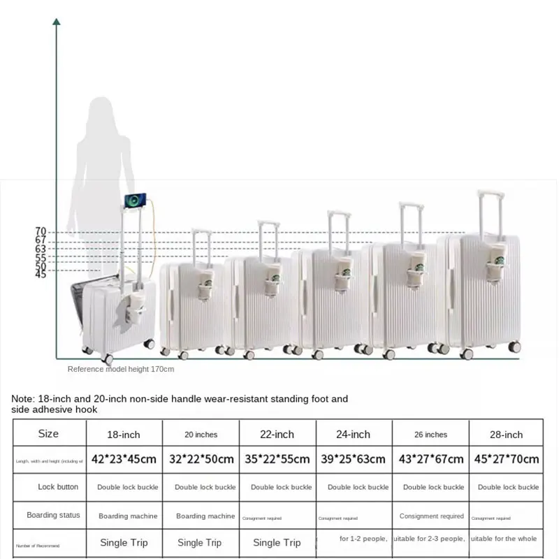 Maleta con apertura frontal de 20, 22, 24 y 28 pulgadas con bolsa para ordenador portátil, equipaje rodante multifuncional, cubierta de carrito ultraligera