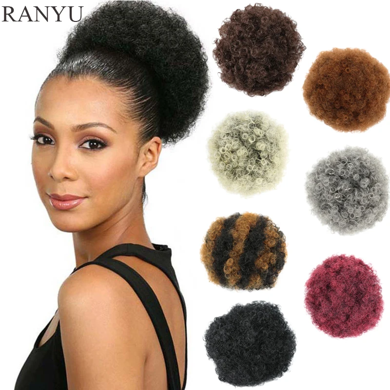 Pendek Afro Puff Rambut Sintetis Sanggul Keriting Sanggul Hairpiece untuk Wanita Hitam Serut Ekor Kuda Keriting Updo Klip Rambut Ekstensi