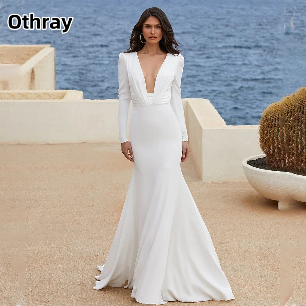 Othray Modern Long Sleeves V-neck Satin Mermaid Backless Wedding Dresses Sweep Train Custom Made Rode De Morrie