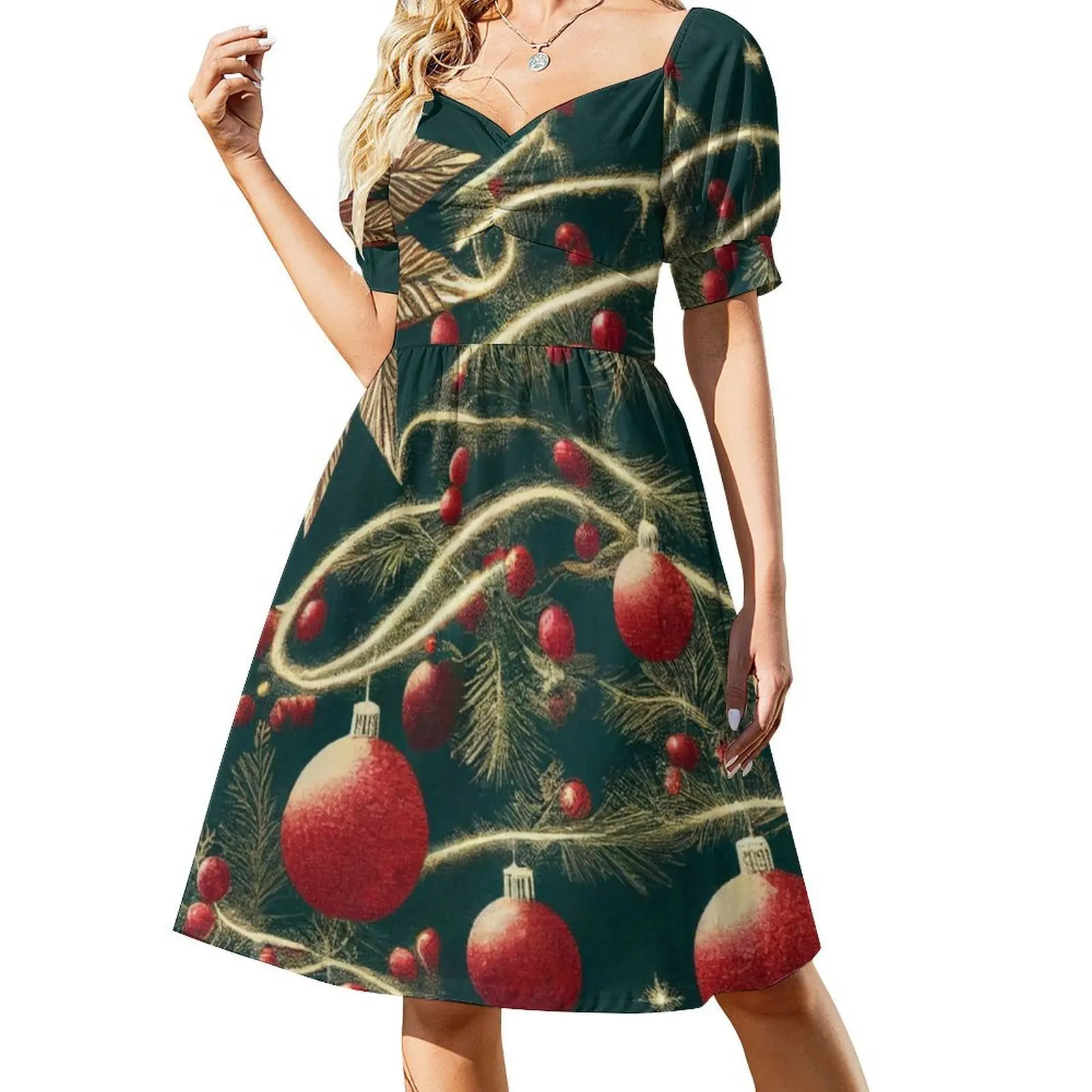 شجرة عيد الميلاد خمر فستان بوهيمي نفخة الأكمام أو خيارات بلا أكمام للنساء فستان الصباح الباندا عيد الميلاد المزاج خمر #2