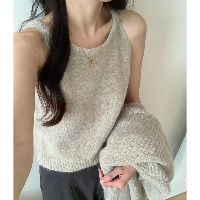 Korean Version Lazy Gentle Wind Soft Waxy Sweater Coat Female Halter Vest Two-piece Women's 2024 Autumn and Winter New Model