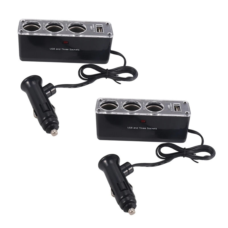 2X 3-Way Multifunction Socket Car Cigarette Lighter Separator USB Plug Charger DC 12V/24V Triple Adapter With USB Port