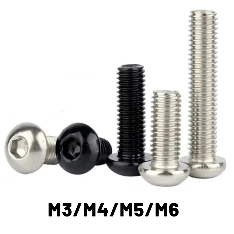 50Pcs M3 M4 M5 M6 Round 304 Stainless Steel or Black G10.9 Hex Screws Cap Socket Screw Button Head Allen Bolts Screws