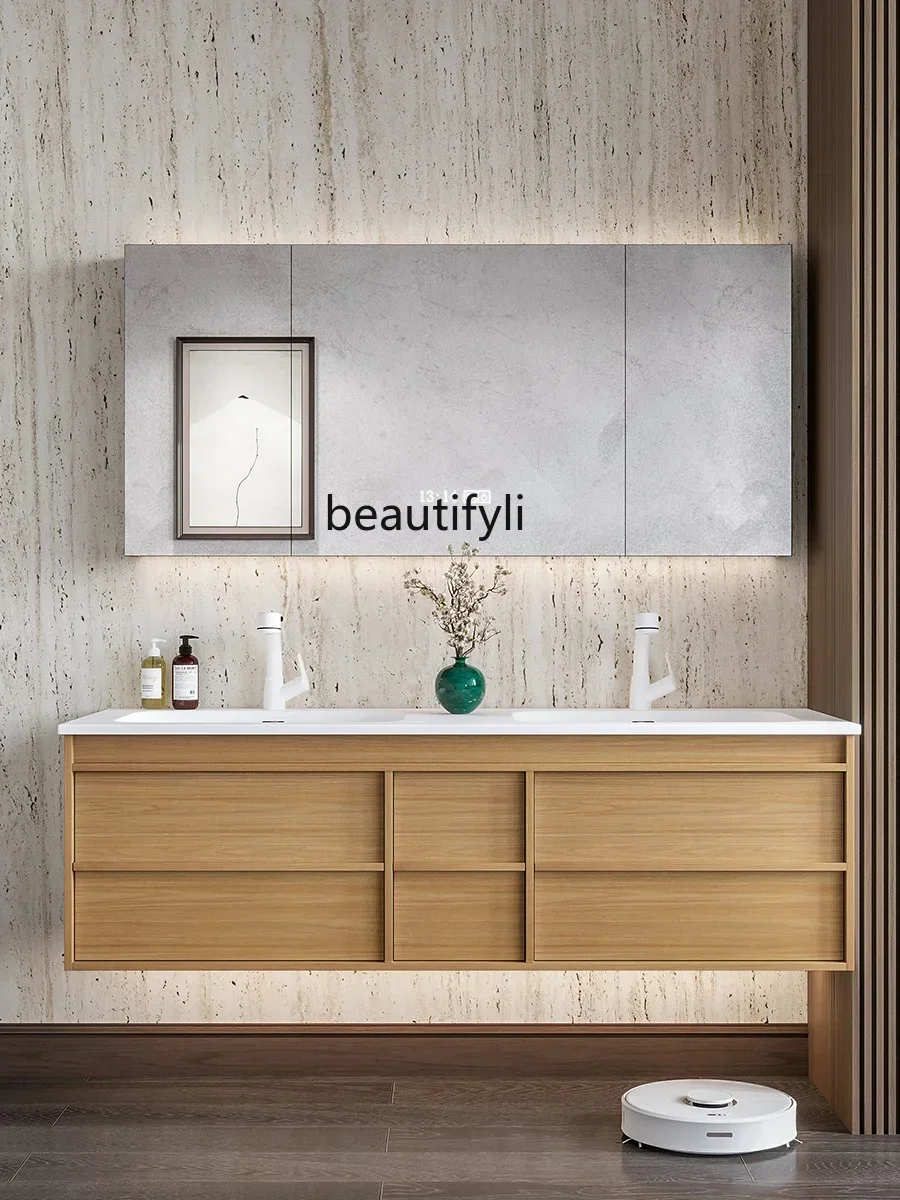 

V cqyWalnut Color Integrated Double Basin Hanging Simple Bathroom Cabinet Combination Bathroom Wash Basin
