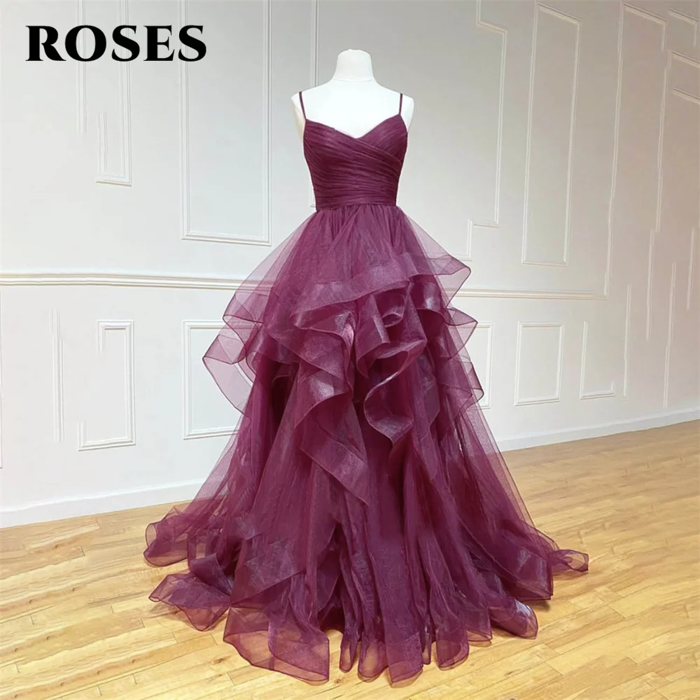 

ROSES Tulle Long Plum Party Dress Spaghetti Strap Vintage Night Dresses Tiered Layer A Line Celebrity Dresses vestidos de fiesta