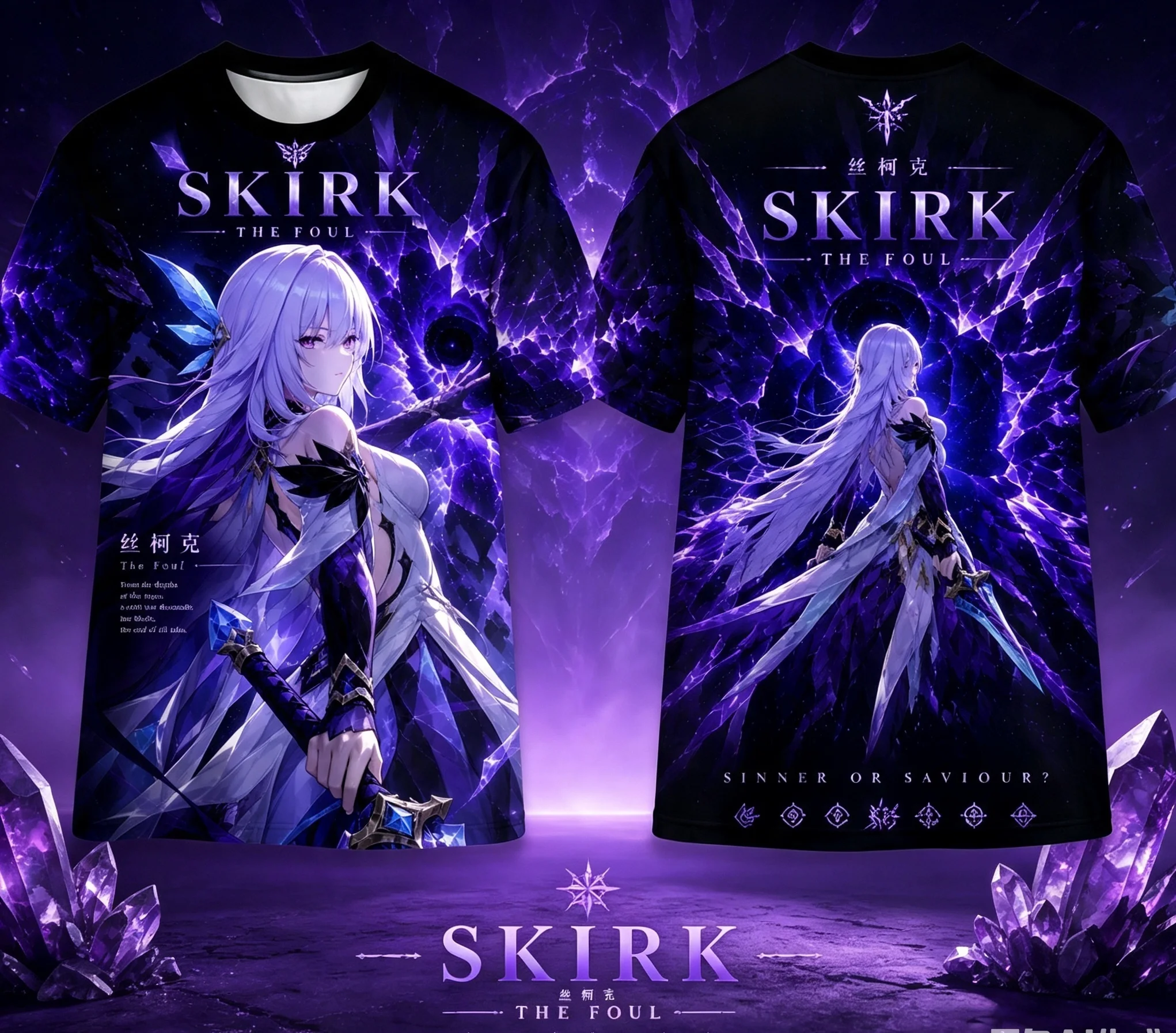 Genshin Impact Skirk Anime All‑Over Print T‑Shirt, Fantasy Game Character Quick‑Dry Polyester Unisex Casual Short‑Sleeve Tops