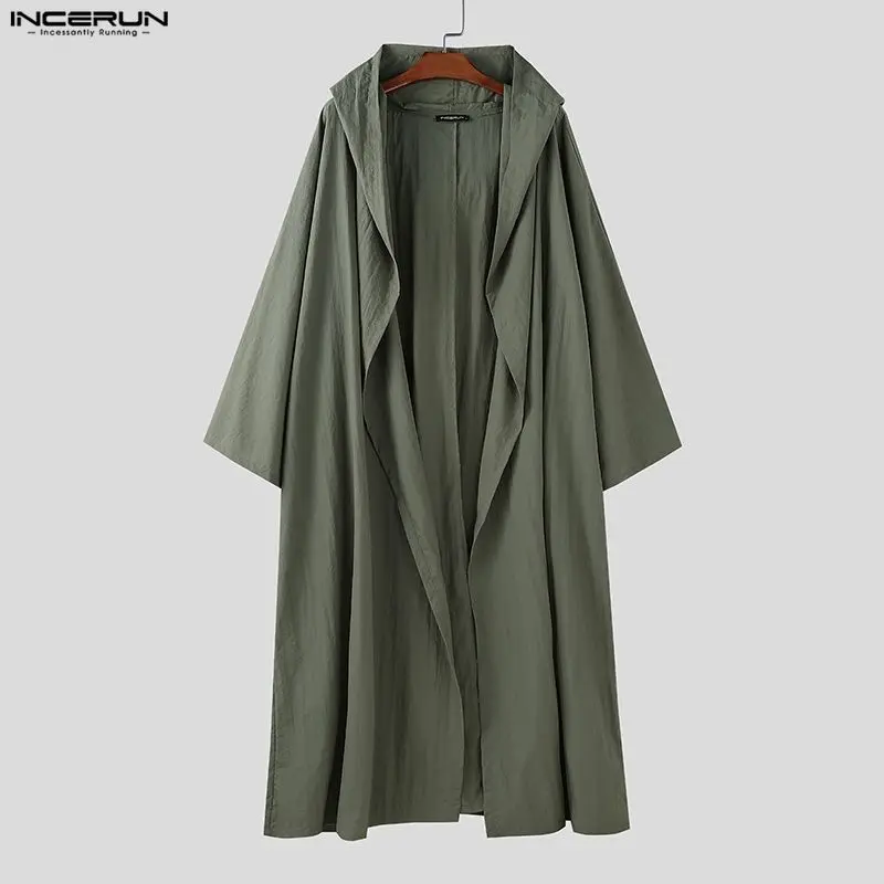 INCERUN, gabardina de estilo largo para hombre, abrigos informales de manga larga con capucha lisa, cazadora de moda de punto abierto de gran tamaño para hombre, ropa de calle