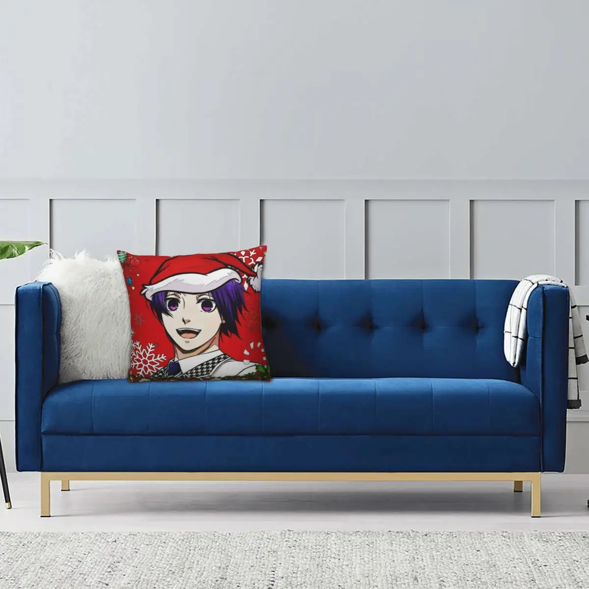 Paars Haar Anime Jongen Kerstmuts Kerst Kunst Kussensloop Kussenhoes Zacht Kussensloop Kawaii Kussenslopen Voor Huisdecoratie