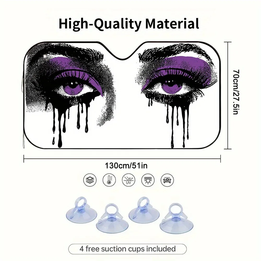Purple Gaze Tears Design Car Sunshade - Fit For Cars, SUVs & Trucks, 2D Flat Printing With Dramatic Eye & Tear Drip Art, 4 Sucti