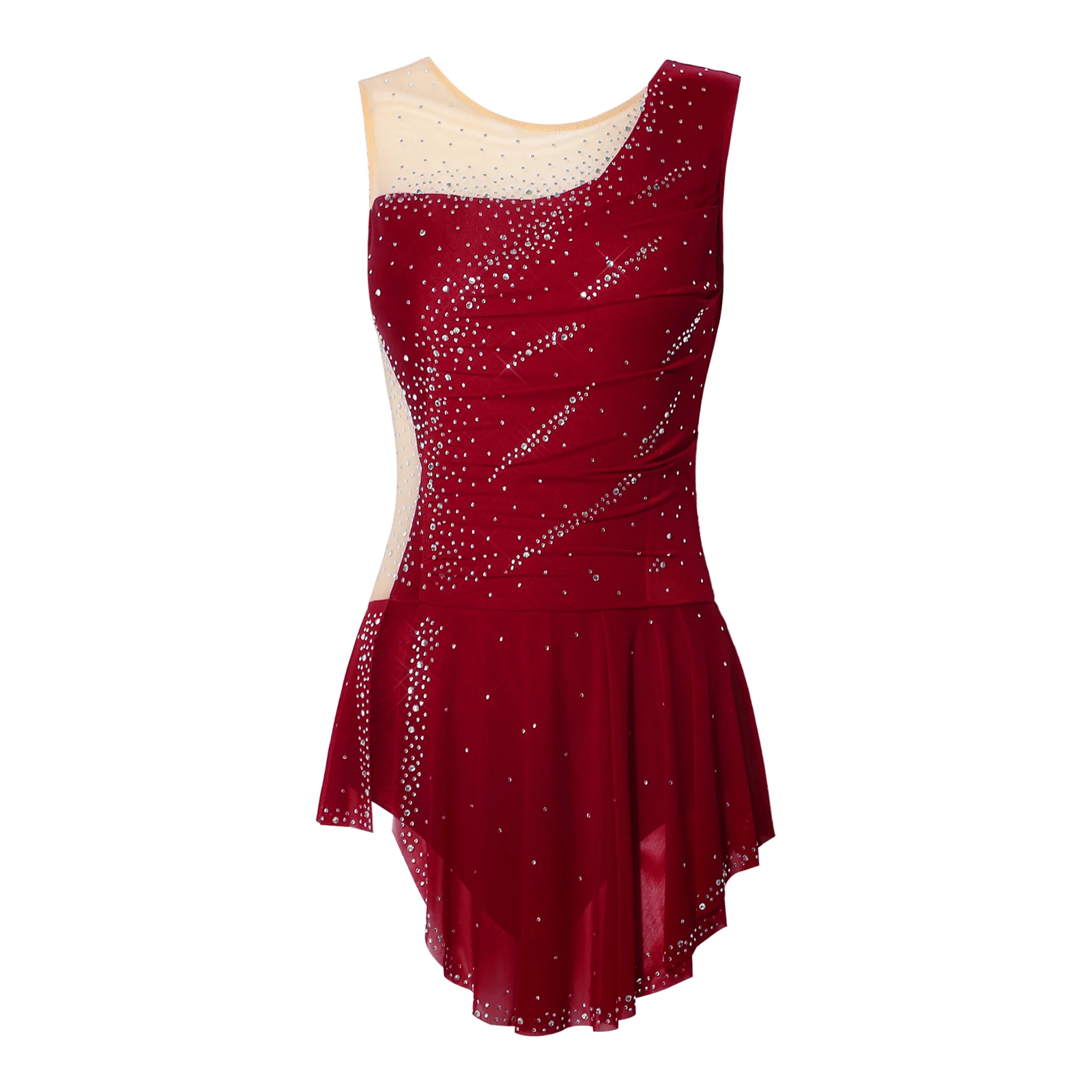 Damen-Rhythmische-Gymnastik-Trikots, Eiskunstlauf-, Ballett- und Lyrischer-Tanz-Kostüm, Kleid mit Strasssteinen, Raffungen, Netzstoff-Patchwork und Seitenschlitz – Detail 18