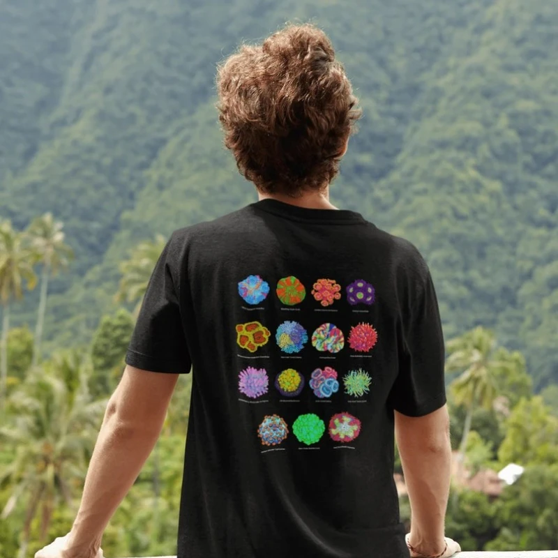 

Shirt with 15 Corals on The Back Reef Aquarium Hobby Unisex Cotton T-Shirt Saltwater Fish Corals & Reef Tank Print Tee Tops