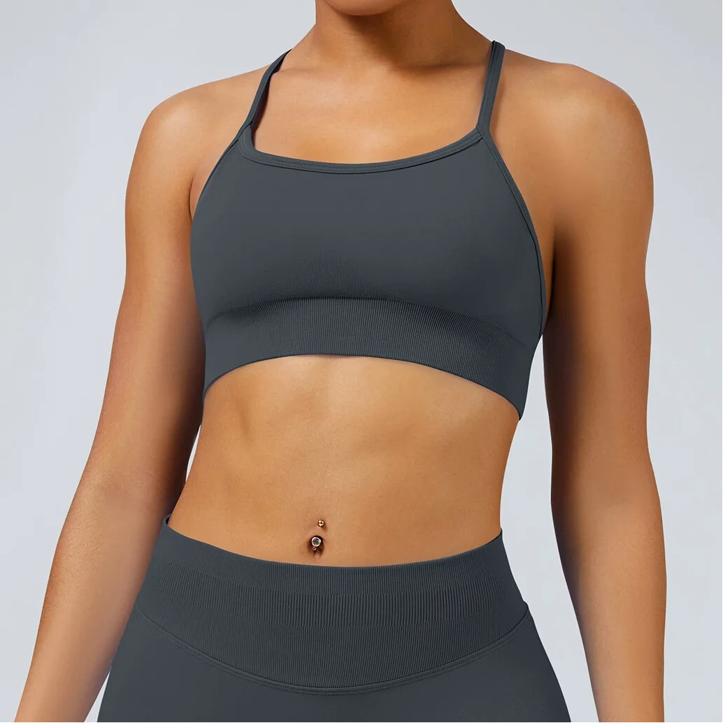 HISTELLO Backless Sports Bra Women Fitness Underwear Back Cross High Support Gym Crop Top Training Running Workout Seamless Bra