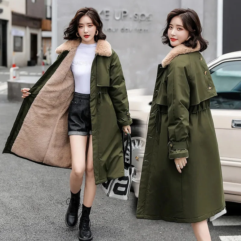 2023 New Women's Winter Coats Korean Loose Mid-Long Plus Velvet Windbreaker Thick Padded Jacket Tooling Jacket Parkas