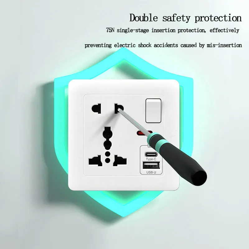 86/146 Multifunctional International Universal Five-hole British 3-hole With USB 2.1A Type-c Concealed Wall Switch Socket Panel