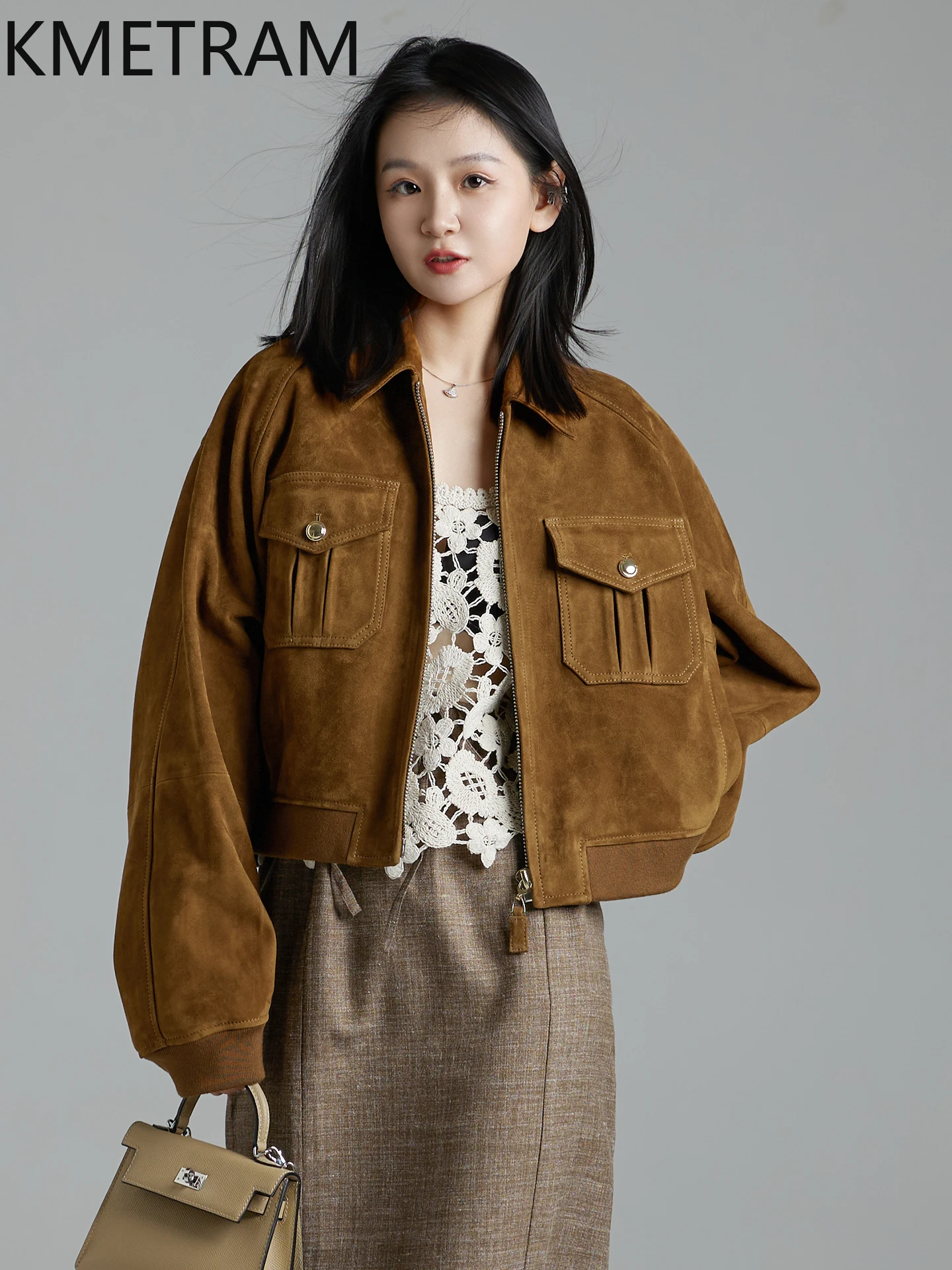 KMETRAM Natural Sheepskin Reverse Suede Genuine Leather Jacket Women High Quality 2025 Autumn Short Clothes for Woman пальто