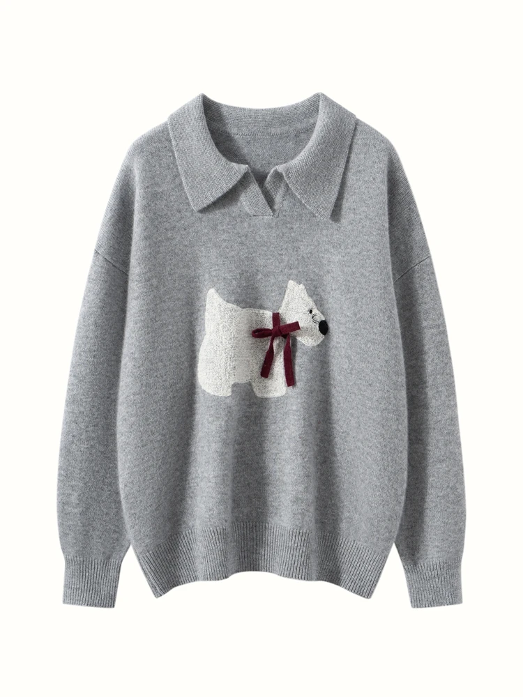 Autumn Winter Women's Pure Cashmere Pullover Sweater Lapel Collar Soild Loose Soft Comfort Knitwear Long Sleeve Tops Cute Puppy
