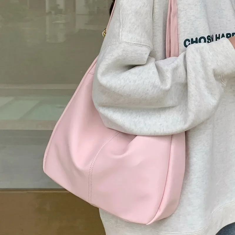 Xiuya Pure Pink Shoulder Bag Women Elegant Casual Large Capacity Sweet Fashion Tote Bag Pu Leather Korean Style Female Handbag