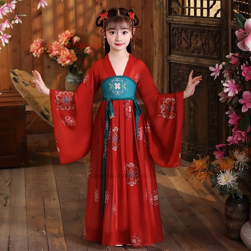 

2024 traditional chinese children folk dance dress national flower print chiffon dress stage performance hanfu fairy dance dress