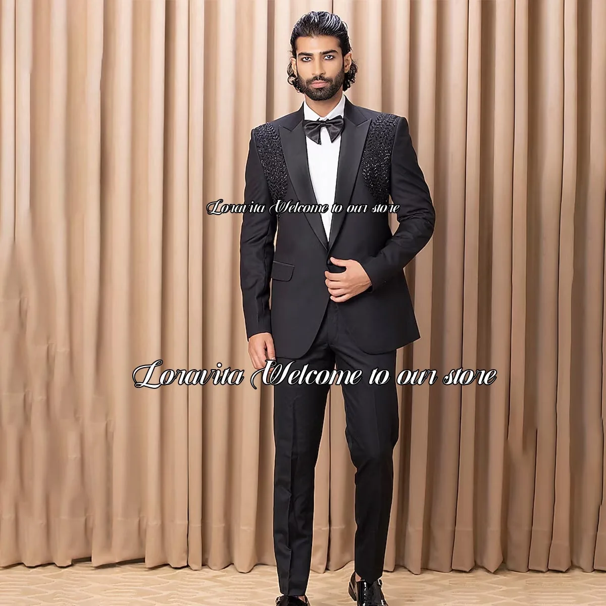 Luxury Beaded Crystal Men Suits Fashion Black Wedding Groom Tuxedo 2 Pieces Sets Male Prom Blazers trajes de hombre elegante